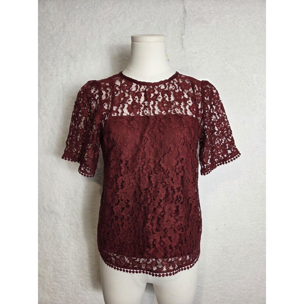 Womens Floral Lace Overlay Top 4 Burgundy Red Eyelet Tie Neck‎ Date Night Office